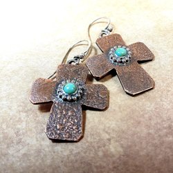 Rustic Copper Cross Earrings with Turquoise and Sterling Silver – Southwest Inspired Mixed Metal