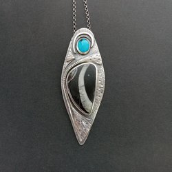 unique argentium sterling pendant with fossil and turquoise with 18 inch chain