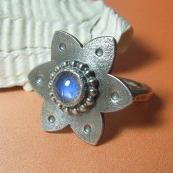 Rainbow Moonstone Flower Ring, Argentium Sterling Silver, Tribal Style (Size 6.5)