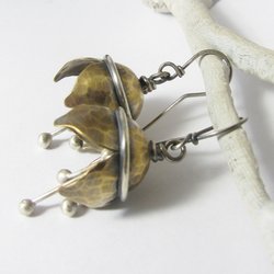 Mixed Metal Bell Flower Earrings, Sterling Silver, Bronze, Artisan Jewelry